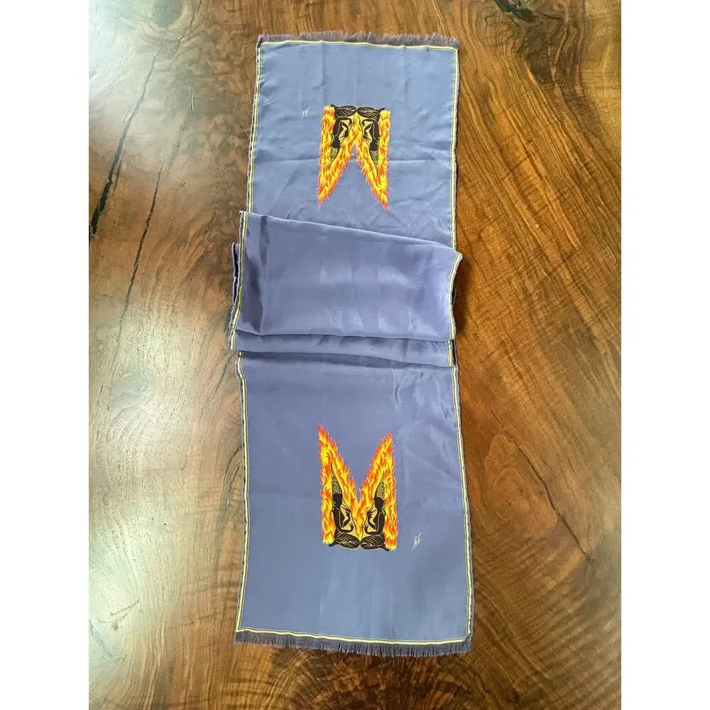 RARE Vintage Erte Silk Alphabet Scarf Letter M Art Deco Blue Hand Rolled Hem